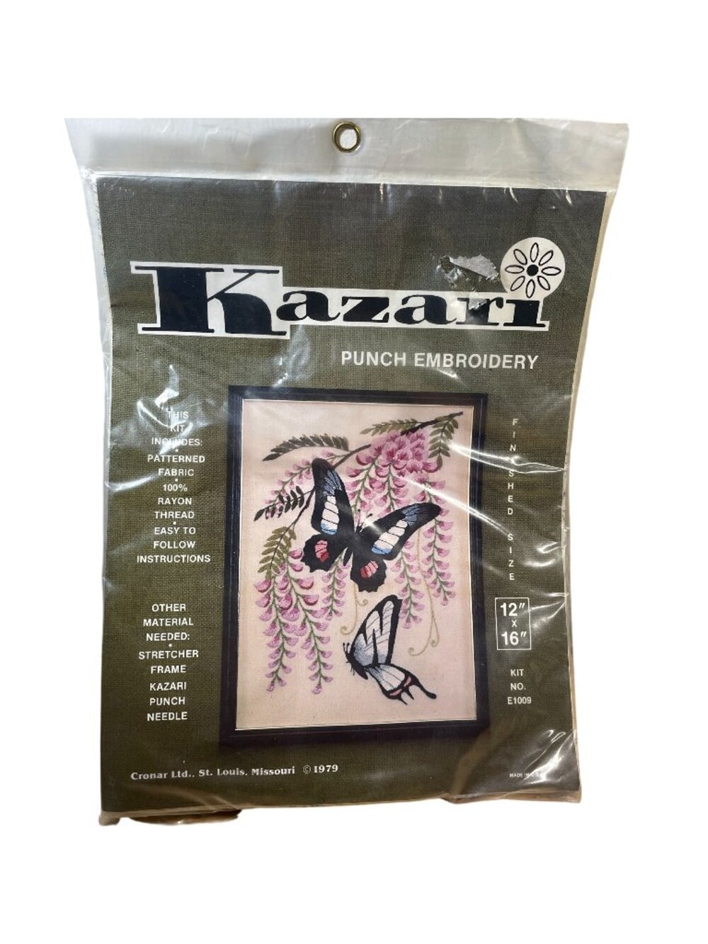 Vintage 70s Kazari Floral Butterfly Punch Embroidery Kit Made in USA 12x16 New